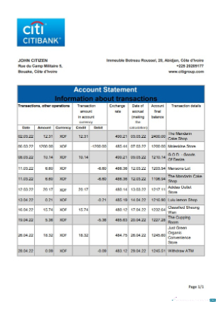Download Cote d'Ivoire Citibank bank statement excel Photoshop template